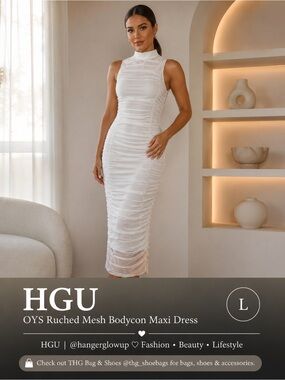 OYS White Ruched Mesh Bodycon Maxi Dress Mock Neck Sleeveless Size L